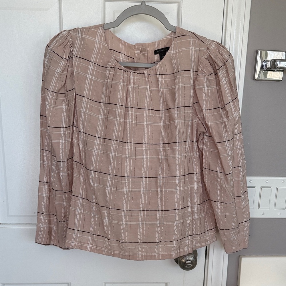 Ann Taylor Beige Ballet Pink Metallic Plaid Blouse Button Back Puff Sleeve